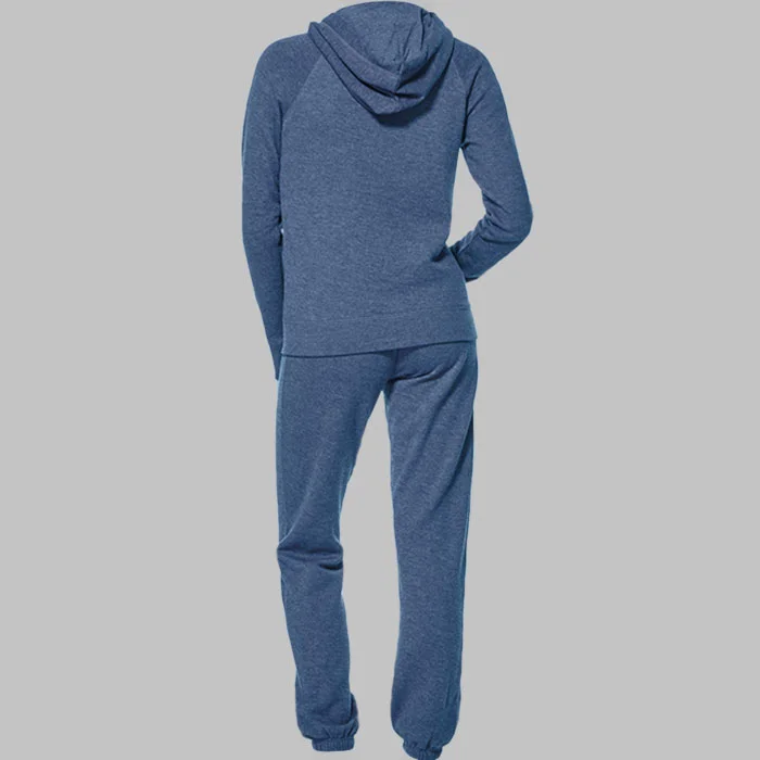 Model in blue tracksuit before professional photo retouching
