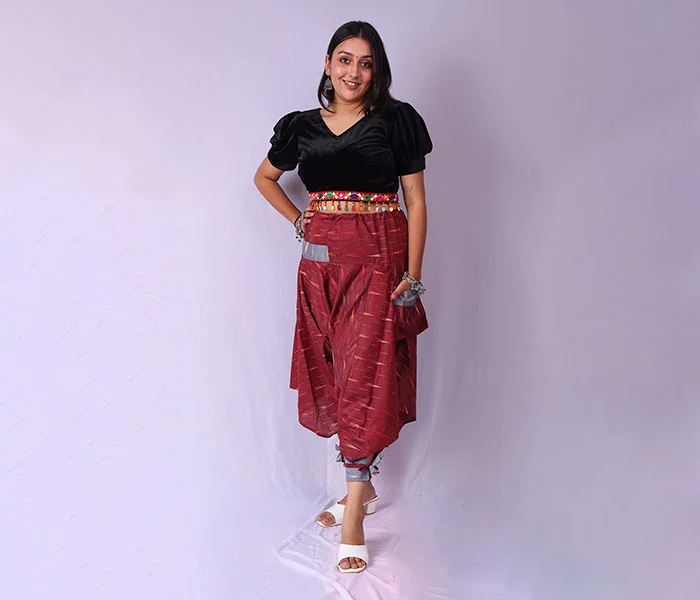 Woman in red skirt before professional photo retouching