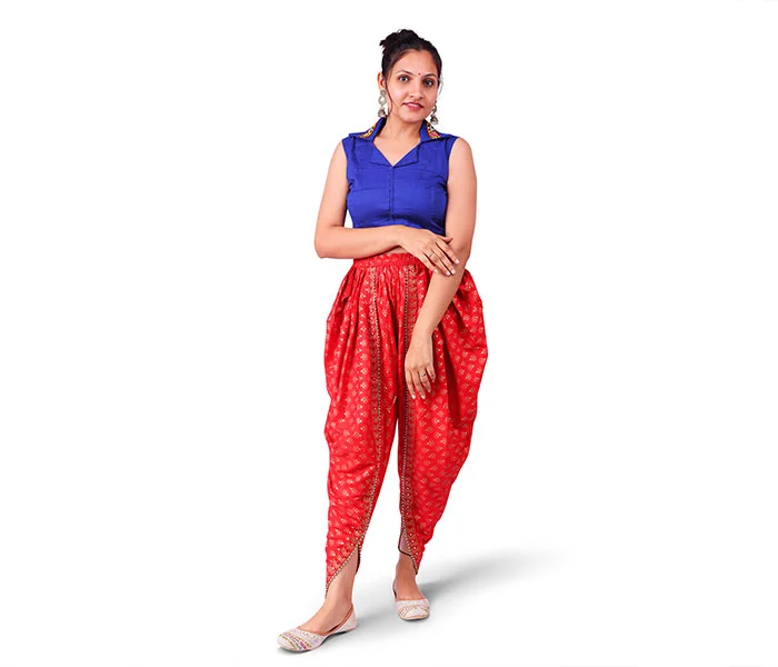 Woman in blue and red saree after photo retouching