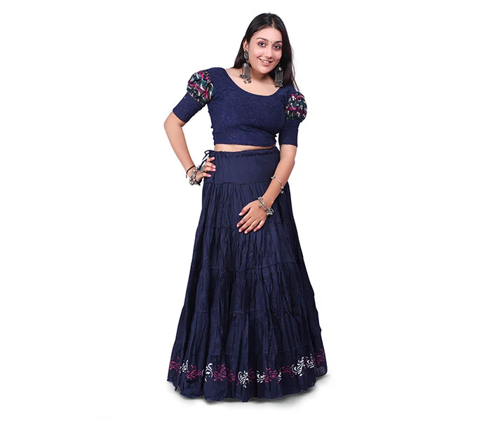 Woman in navy dress after professional photo retouching