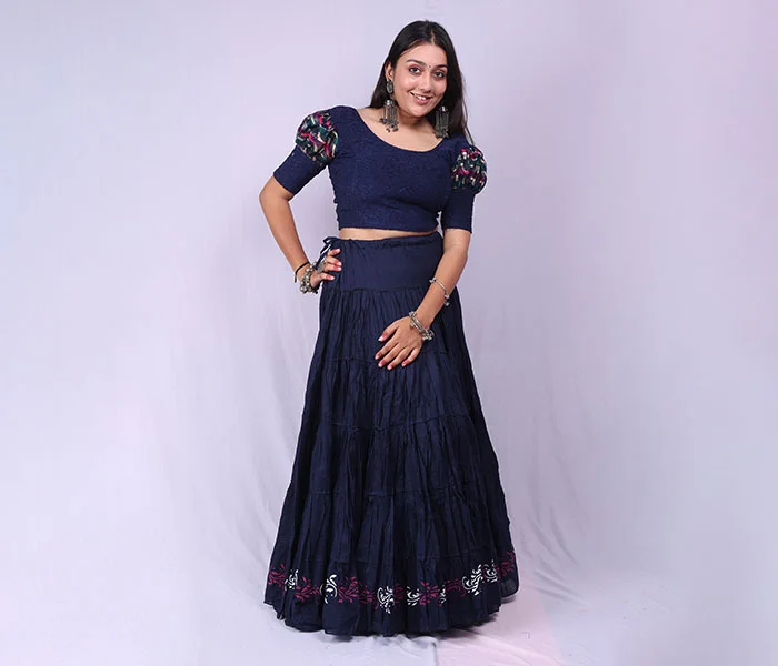 Woman in navy dress before professional photo retouching