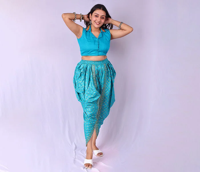 Woman in turquoise dress before professional photo retouching