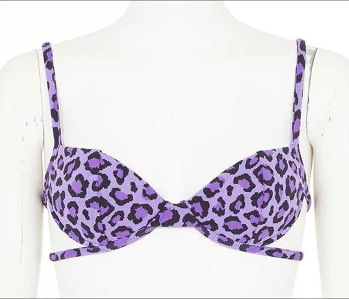 Purple patterned bra professionally edited with ghost mannequin service