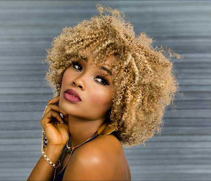 Curly-haired woman before professional image masking