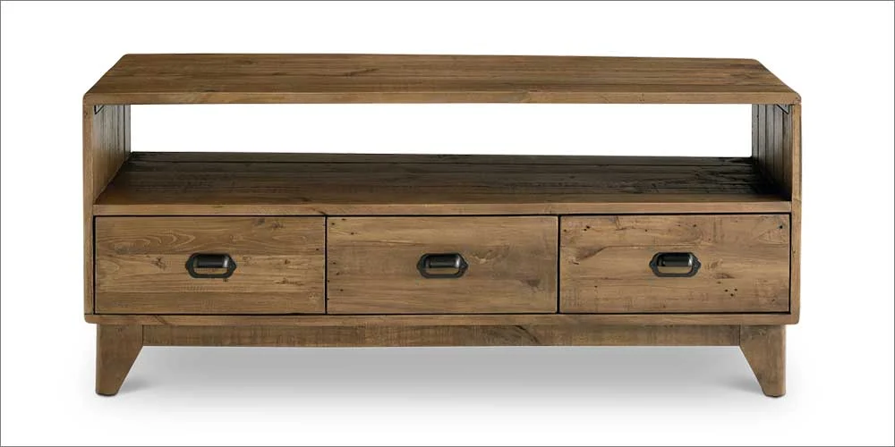 Wooden TV console with realistic shadow